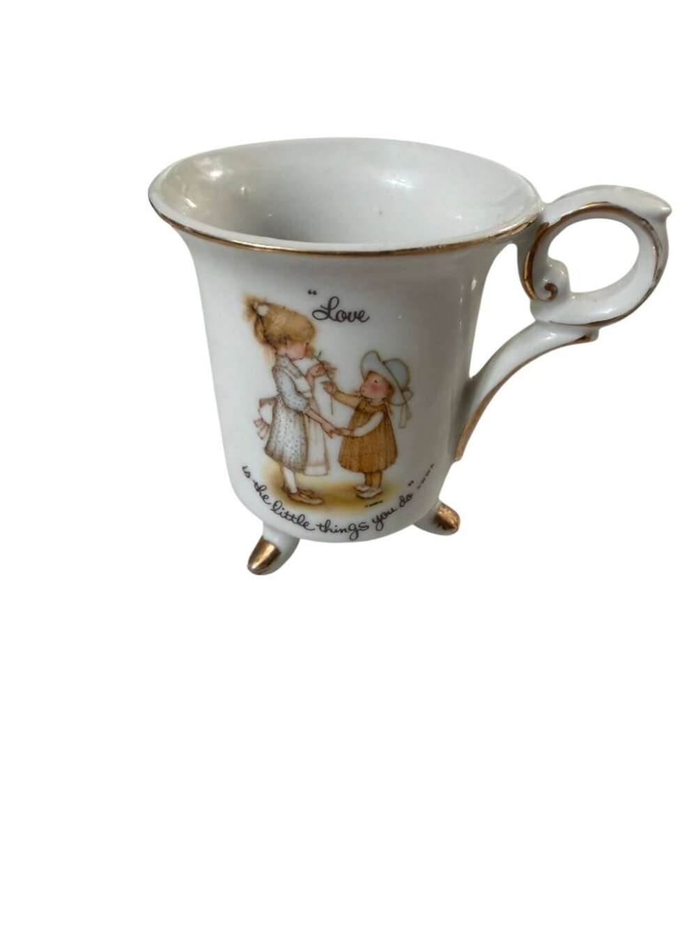 Vintage Footed Porcelain Mug With Gold Trim & H. Hargreaves "Love" Illustration
